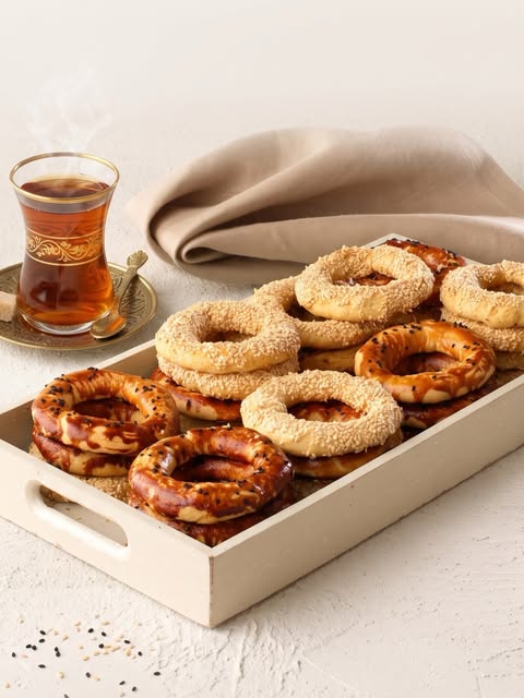 Çay eşliğinde taze simit ve açmalar